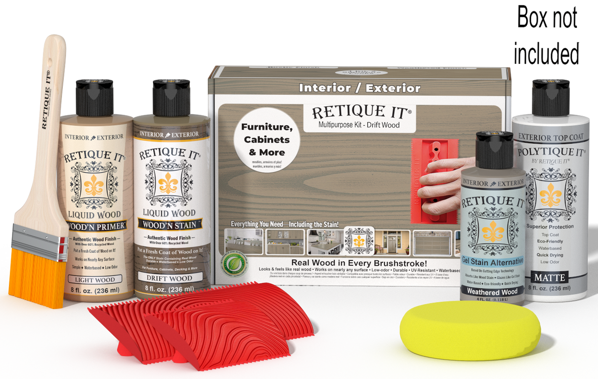 Retique It Wood'n Kit in Drift Wood finish with exterior top coat and applicator tools, designed for wood finishing projects.