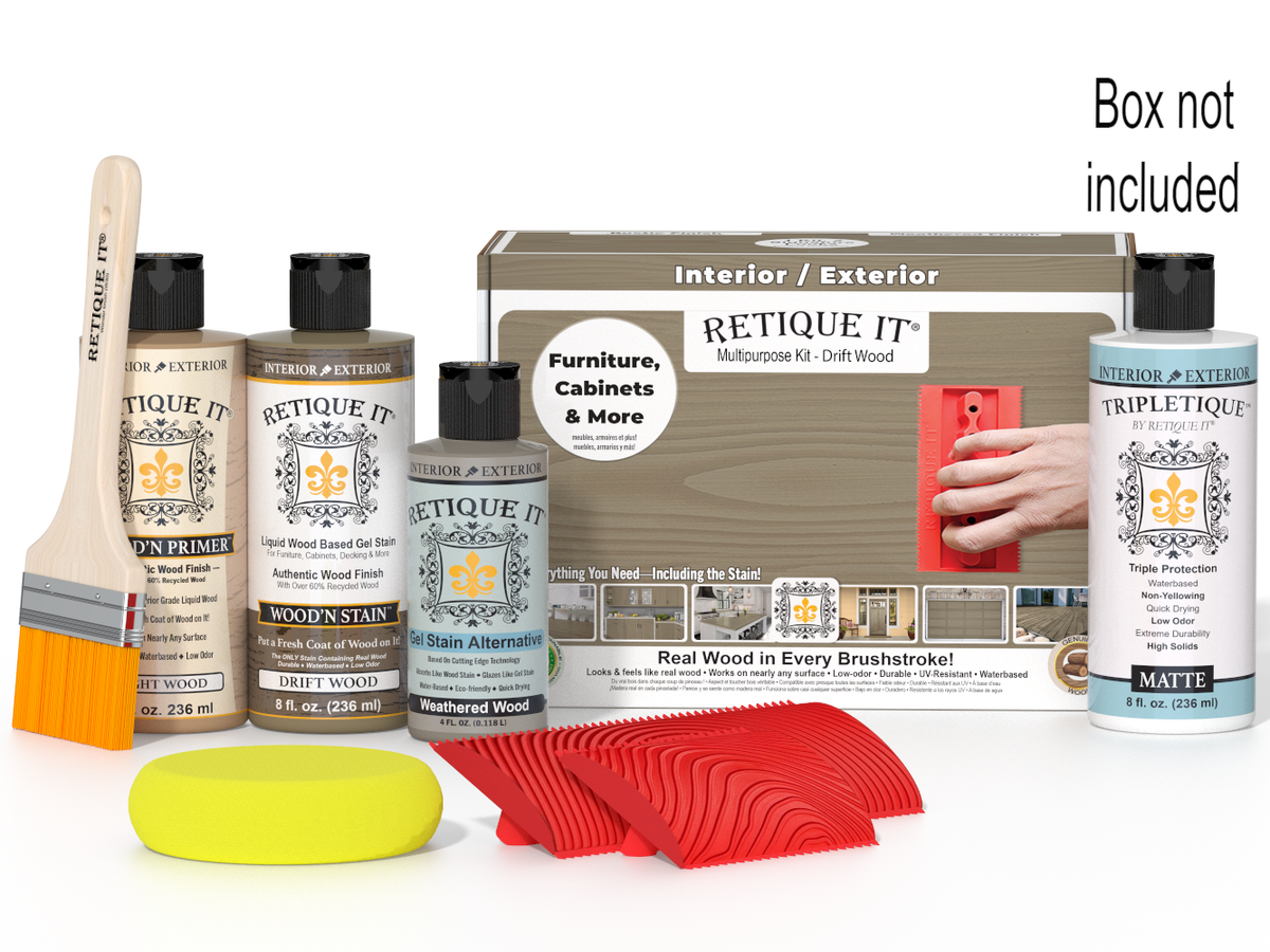 Retique It Wood'n Finish Kit in Drift Wood for interior top coating, shown with included tools and product packaging.