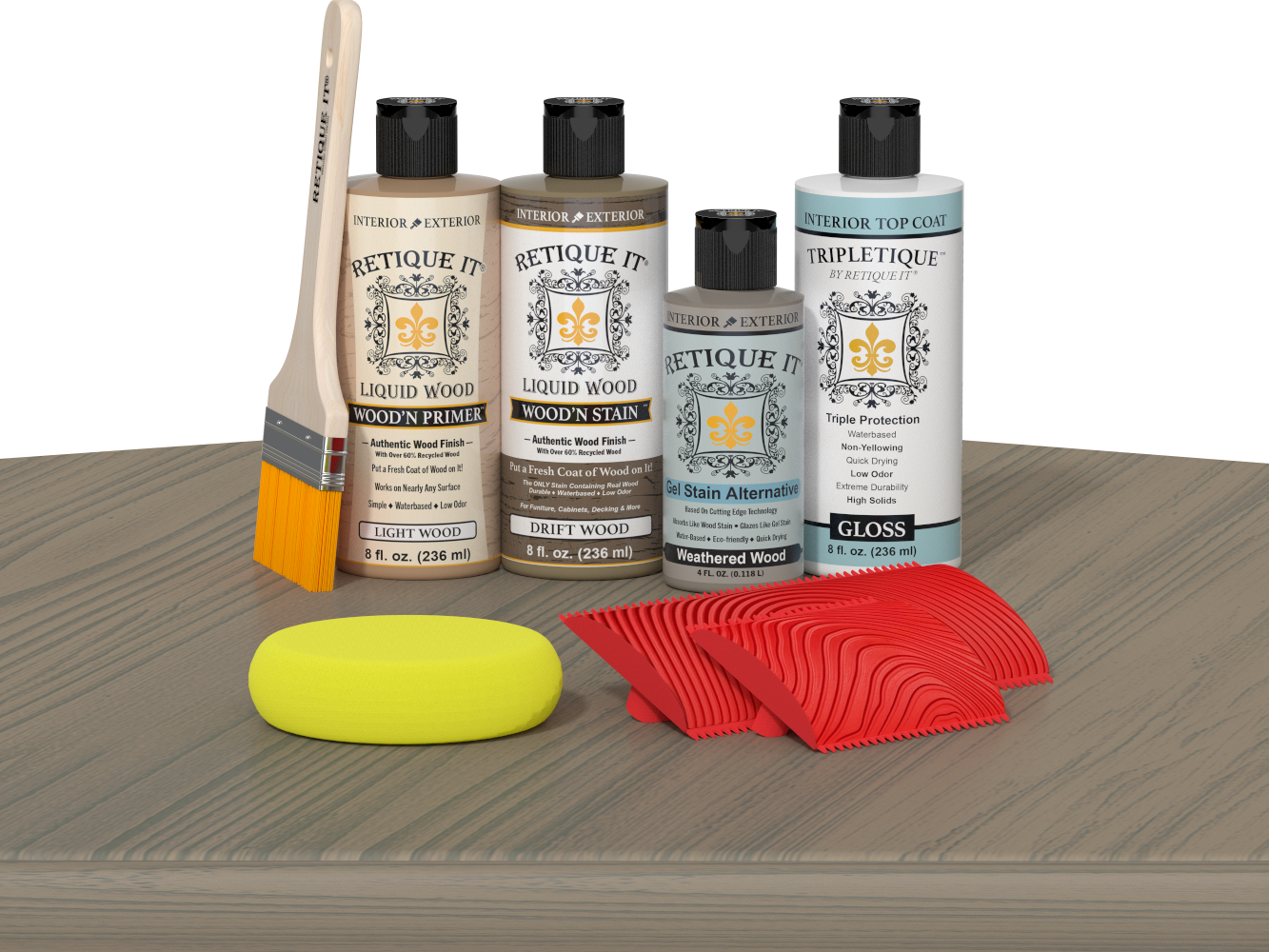 Retique It® Drift Wood Wood'n Kit with Gloss TripleTique® includes a brush, Light Wood primer, Drift Wood stain, Weathered Wood Gel Stain Alternative, Gloss TripleTique® top coat, a yellow sponge, and a red graining tool.