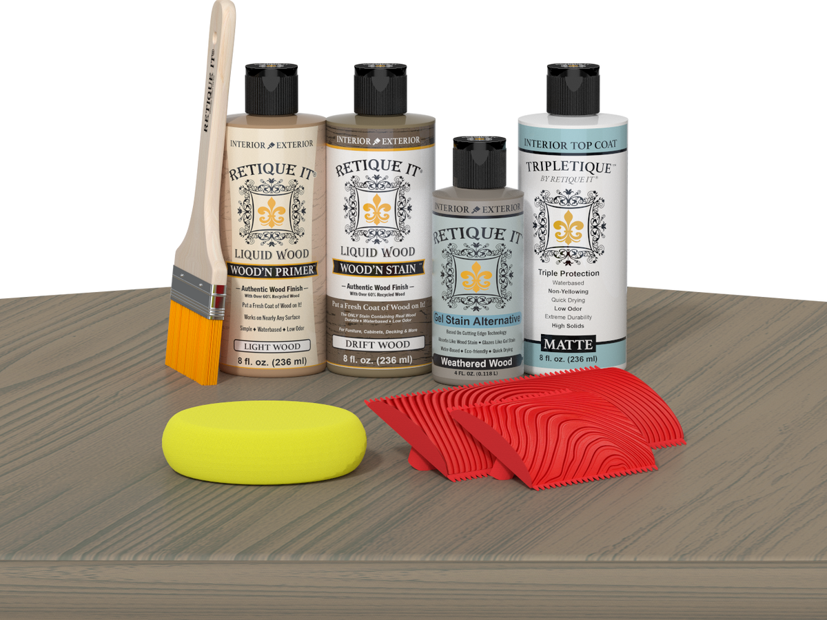 Retique It® Drift Wood Wood'n Kit with Light Wood primer, Drift Wood stain, Weathered Wood gel stain alternative, Matte Tripletique® Top Coat, brush, red graining tool, and yellow sponge.