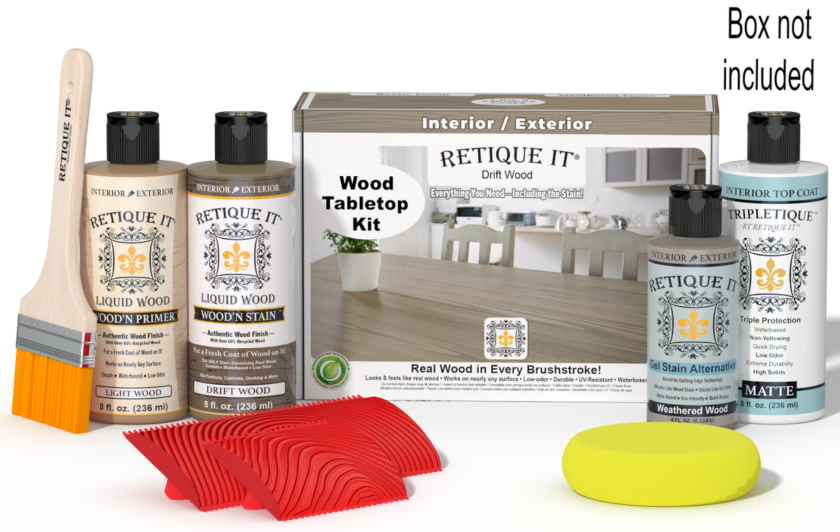 Retique It® Drift Wood Wood Tabletop Kit with Light Wood primer, Drift Wood stain, Weathered Wood gel stain alternative, Matte Tripletique® Top Coat, brush, red graining tool, yellow sponge, and product box.