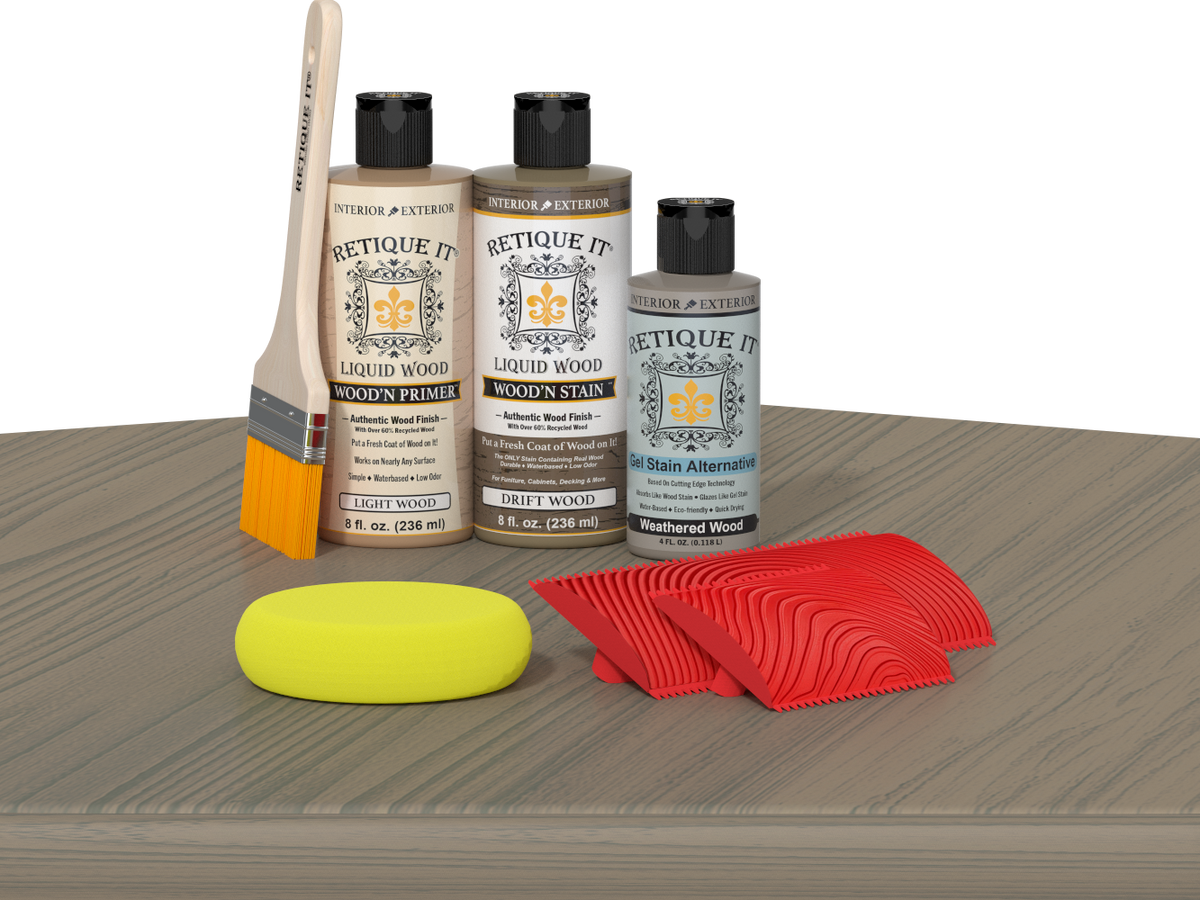 Retique It Wood'n Finish Kit in Drift Wood, a multi-purpose kit with wood finishing supplies on a table.