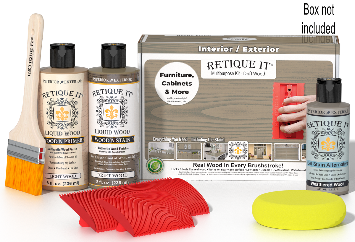 Retique It Wood'n Finish Kit in Drift Wood showing the multi-purpose kit with wood finish containers and application tools.