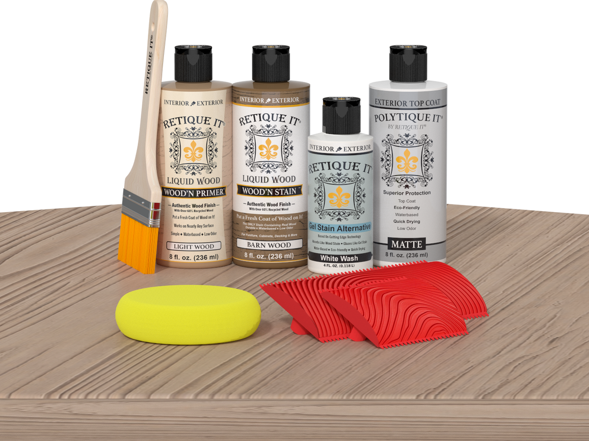 Retique It Wood'n Finish Kit in French Oak for exterior top coating, featuring a wood finish kit with applicator on a table.
