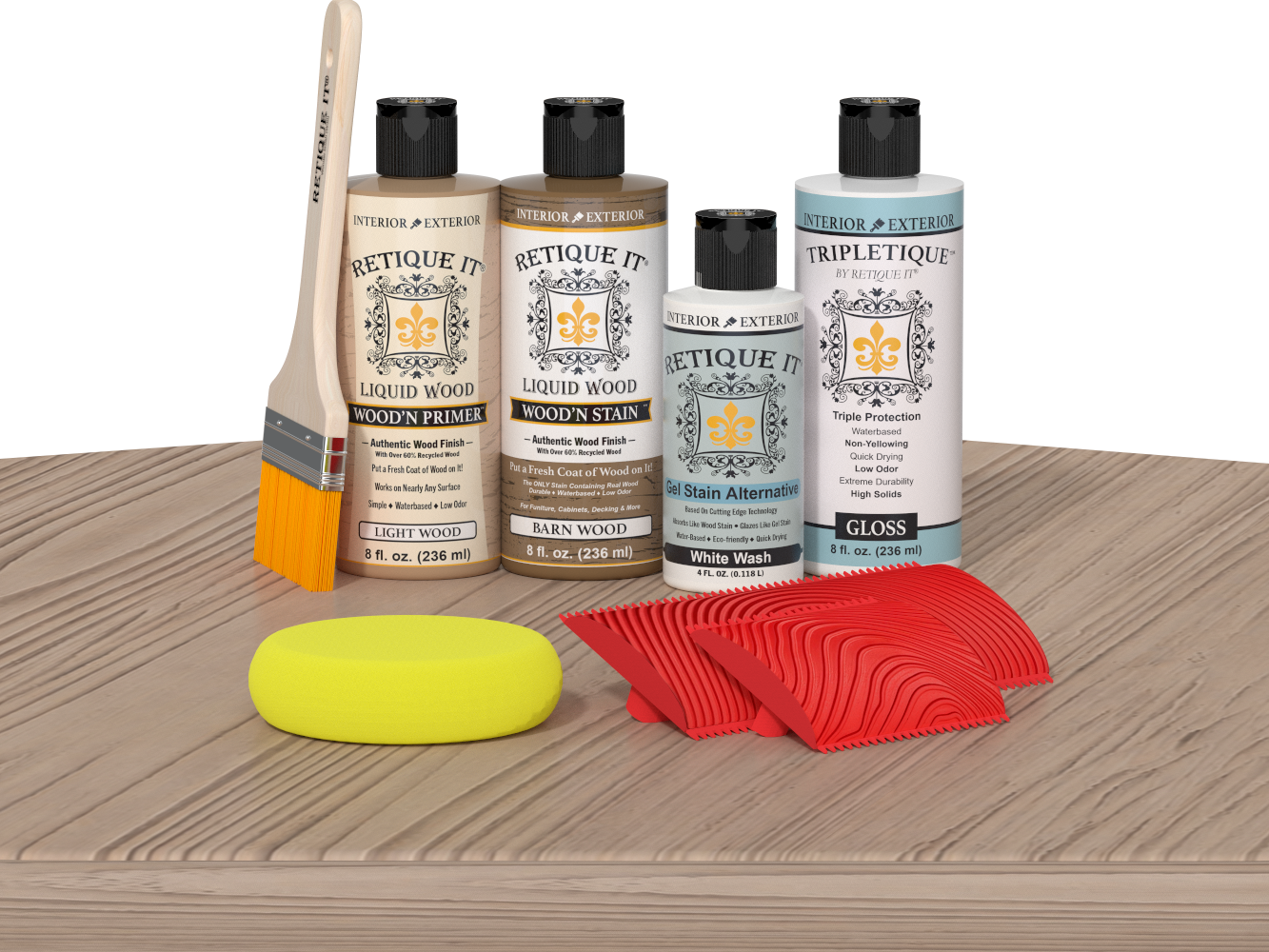 Retique It® Wood'n Finish Kit French Oak stain on a wooden table, showcasing the stain's color and application details.