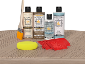 Retique It® Wood'n Finish Kit French Oak stain on a wooden table, showcasing the stain's color and application details.
