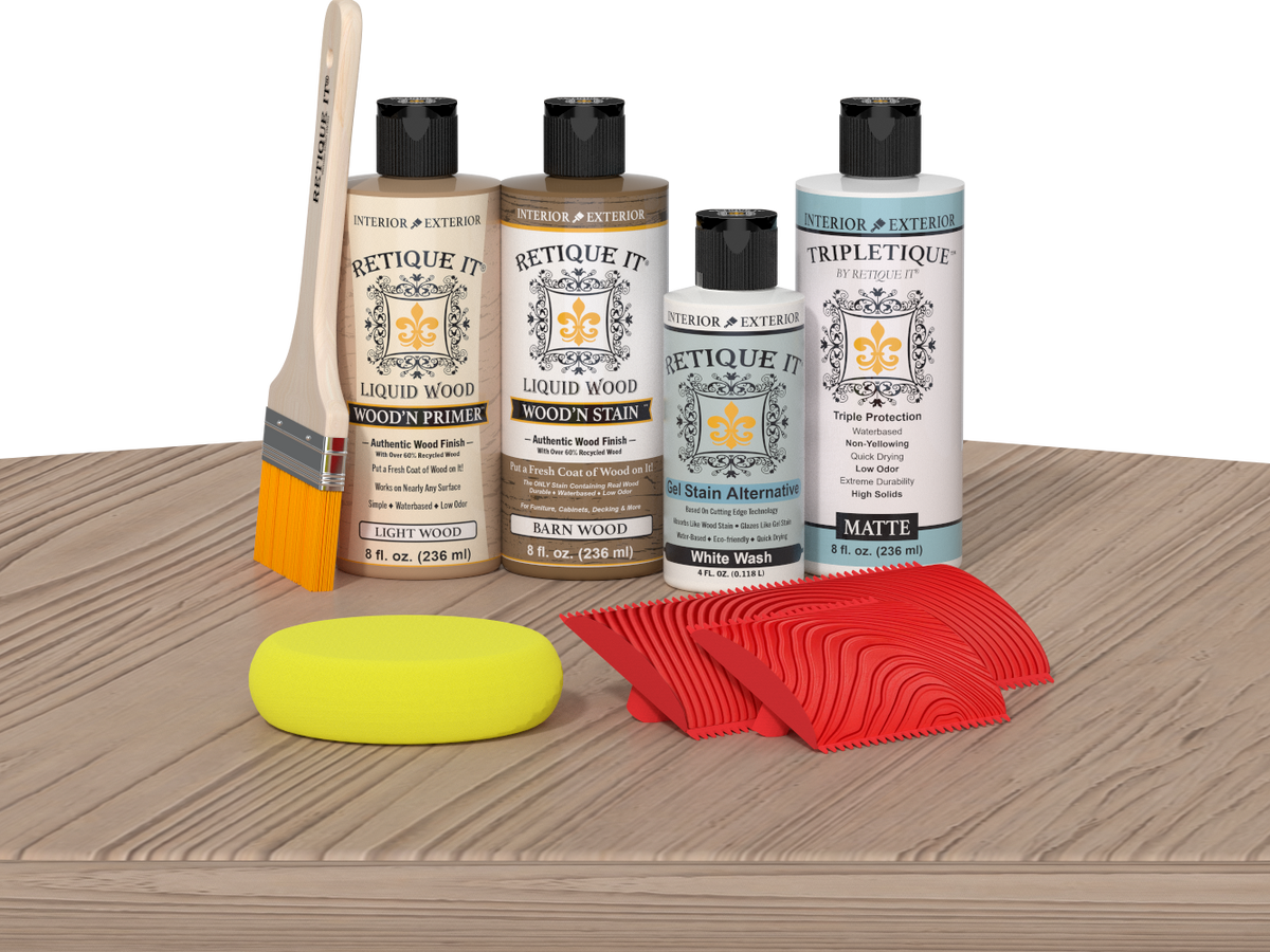 Retique It Wood'n Finish Kit in French Oak, interior top coat for wood furniture with a natural wood finish.