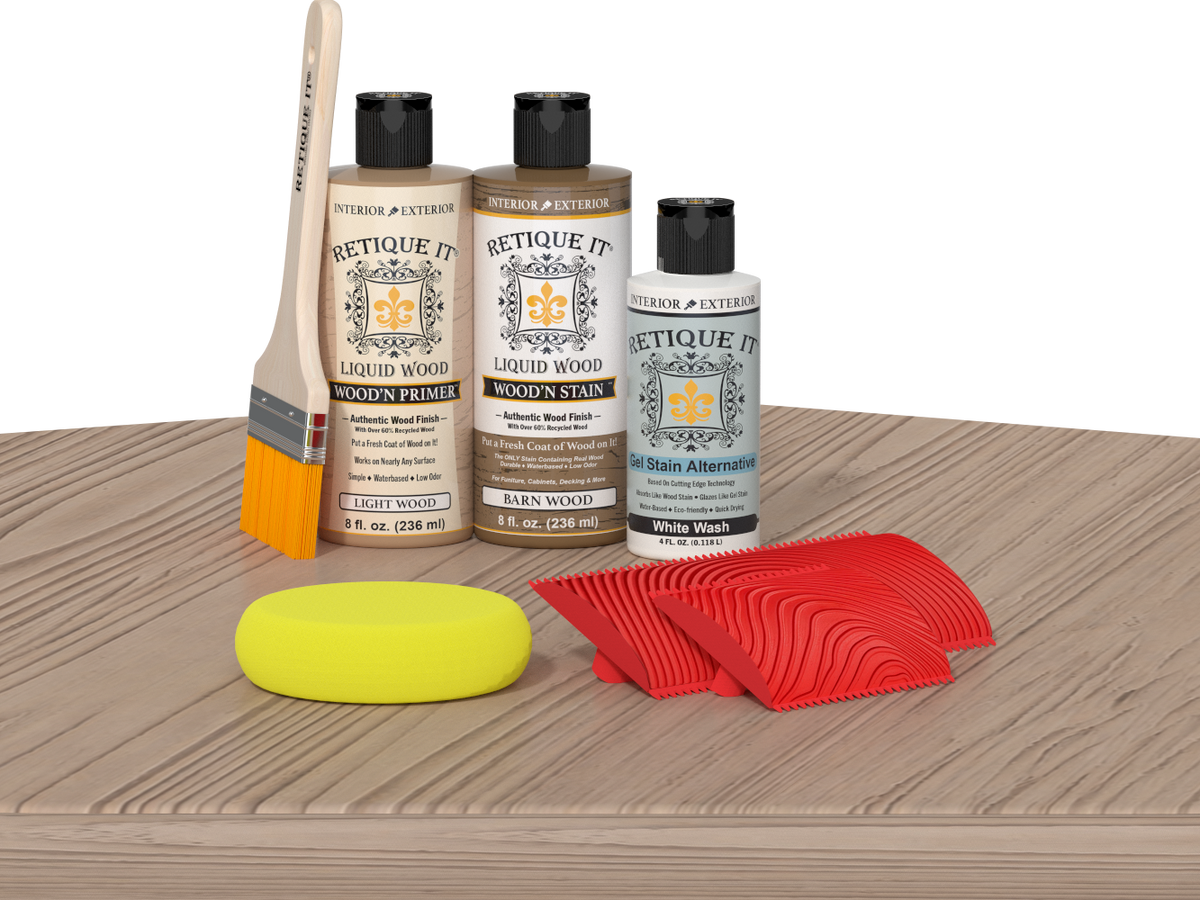 Retique It Wood'n Kit in French Oak finish, featuring multi-purpose wood finishing products on a table display.