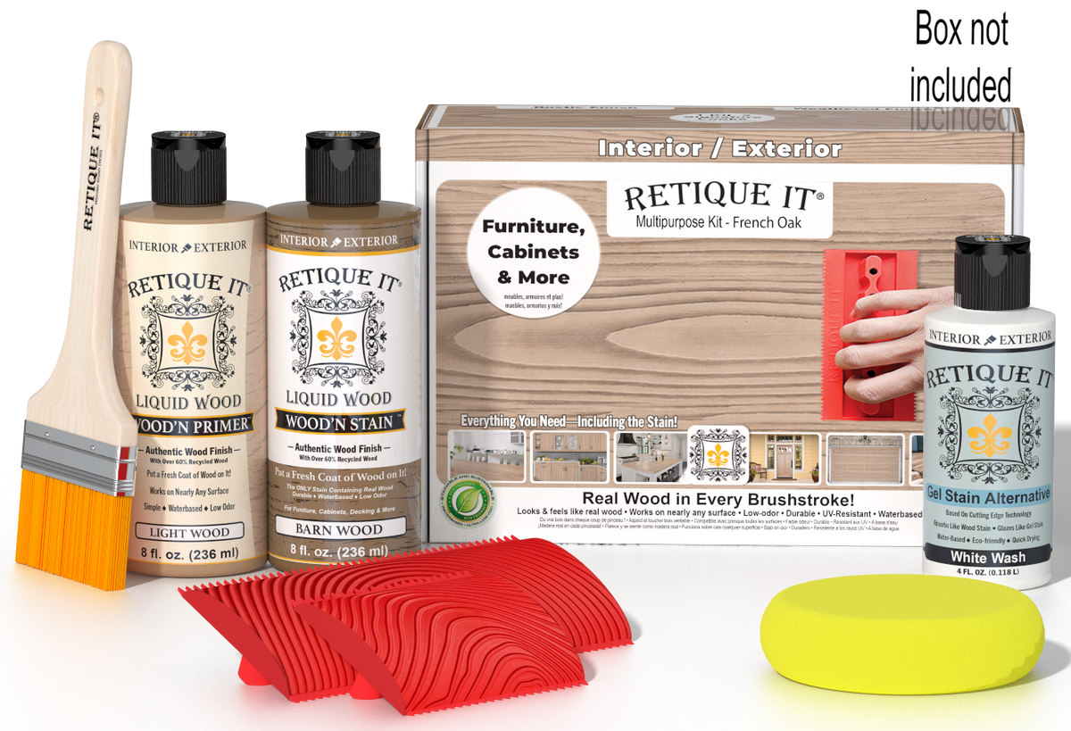 Retique It Wood'n Finish Kit in French Oak for multi-purpose wood finishing, featuring a box with various wood stain and finish products.