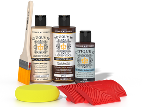 Multi-purpose Wood'n Kit Java by Retique It® for wood finishing, includes brushes and stains, shown in a detailed close-up image.