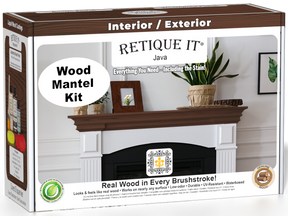 Retique It Wood'n Finish Kit Java stain for fireplace mantels, featuring a box of stain bottles and application tools.