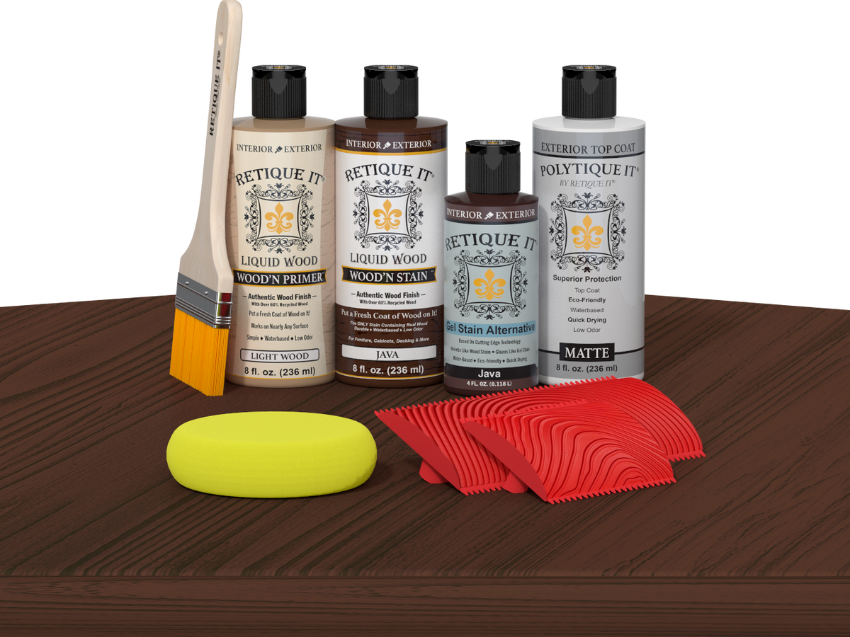 Retique It Wood'n Kit Java exterior top coat with wood finish, shown on a table, for multi-purpose wood finishing projects.