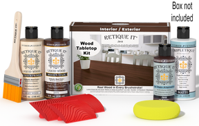 Retique It® Wood'n Finish Kit Java with stain bottles and applicator, designed for tabletop wood finishing and restoration.