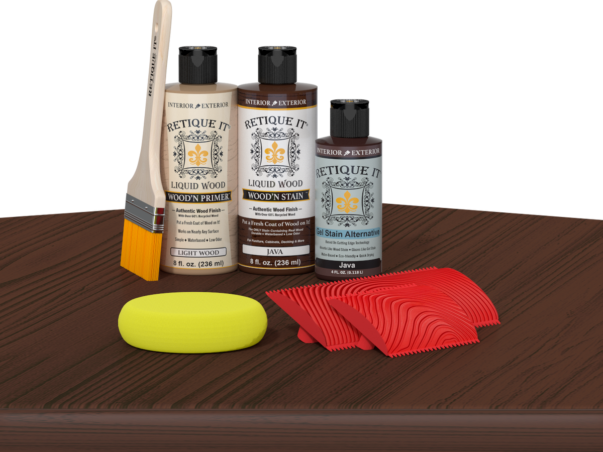 Retique It® Fireplace Mantel Wood'n Finish Kit in Java stain displayed on table, showcasing wood stain options for fireplace mantels.