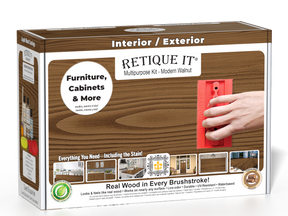 Retique It® Multi-purpose Wood'n Kit in Modern Walnut with interior topcoat, featuring wood finish and application tools in a box.