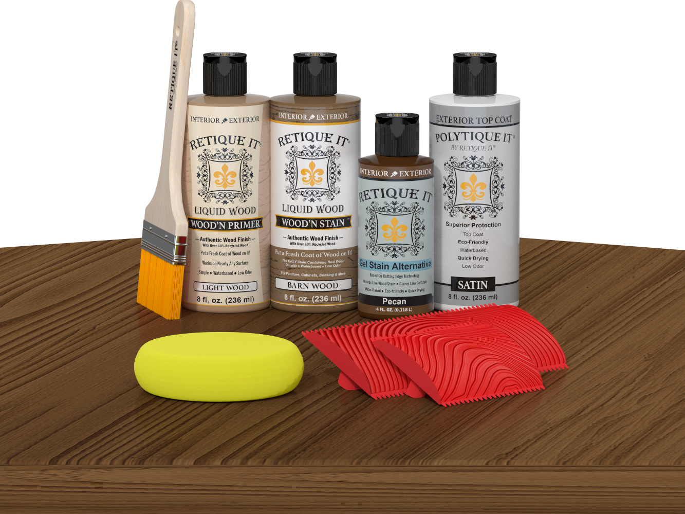 Retique It® Wood'n Finish Kit in Modern Walnut with exterior topcoat, displayed on a table for multi-purpose wood finishing.