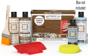 Retique It® Wood'n Kit in Modern Walnut for interior topcoat, featuring wood finish tools and materials in a compact box.