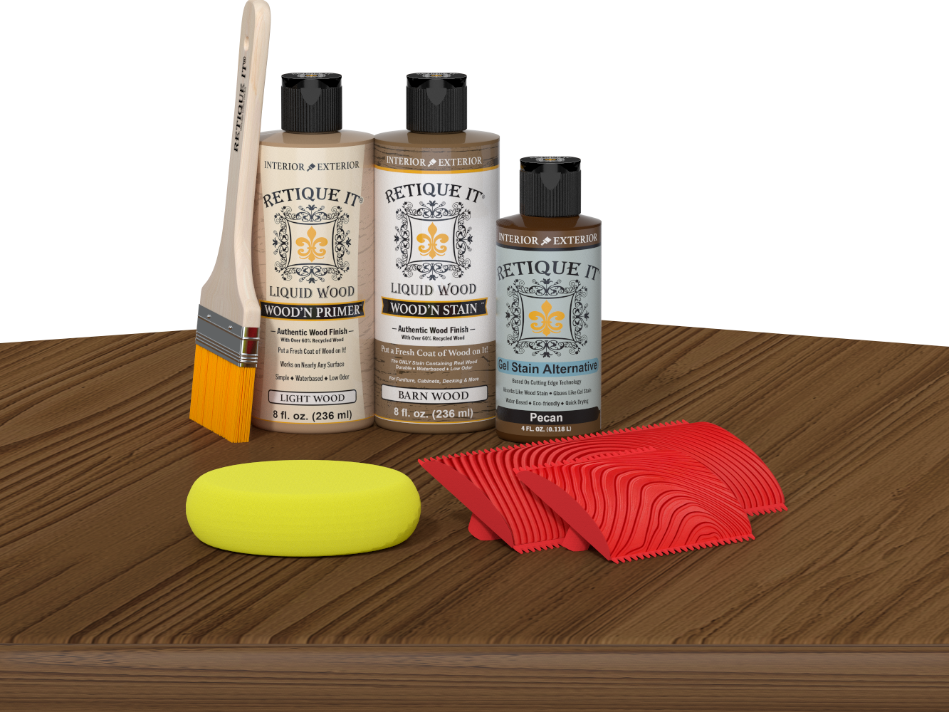 Retique It® Wood'n Finish Kit in Modern Walnut on table, showcasing multi-purpose wood finishing set with applicators and tools.