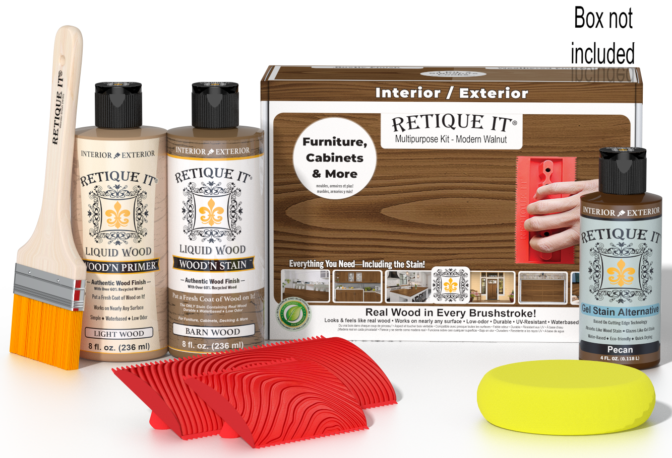 Retique It® Wood'n Kit in Modern Walnut with applicator box, ideal for multi-purpose wood finishing projects.