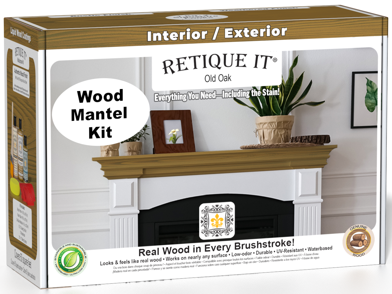 Retique It Fireplace Mantel Wood'n Finish Kit in Old Oak stain, showing a wood finish stain kit for fireplace mantels.