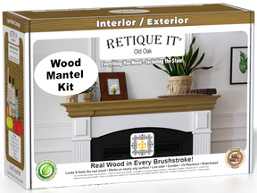 Retique It Fireplace Mantel Wood'n Finish Kit in Old Oak stain, showing a wood finish stain kit for fireplace mantels.