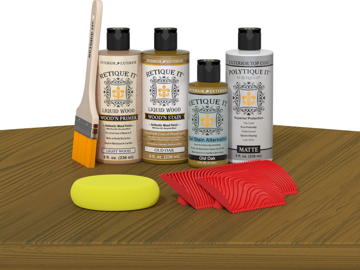 Retique It Wood'n Finish Kit in Old Oak for exterior top coating, showing the multi-purpose wood finish kit on a table.