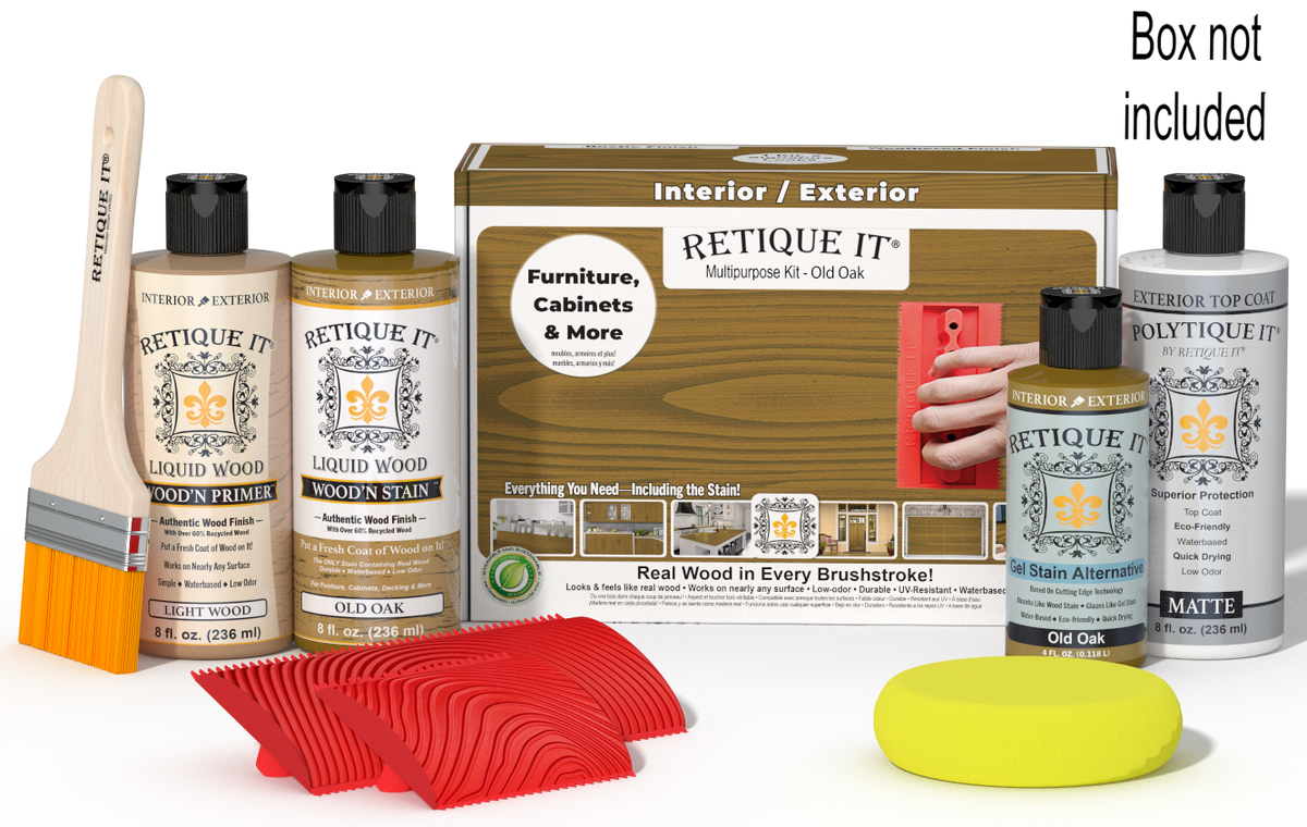 Retique It Wood'n Finish Kit in Old Oak, exterior top coat, with wood finish supplies and applicator tools in the box.