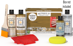 Retique ItÂ® Wood'n Finish Kit in Old Oak, exterior top coat, with wood finish supplies and applicator tools in the box.