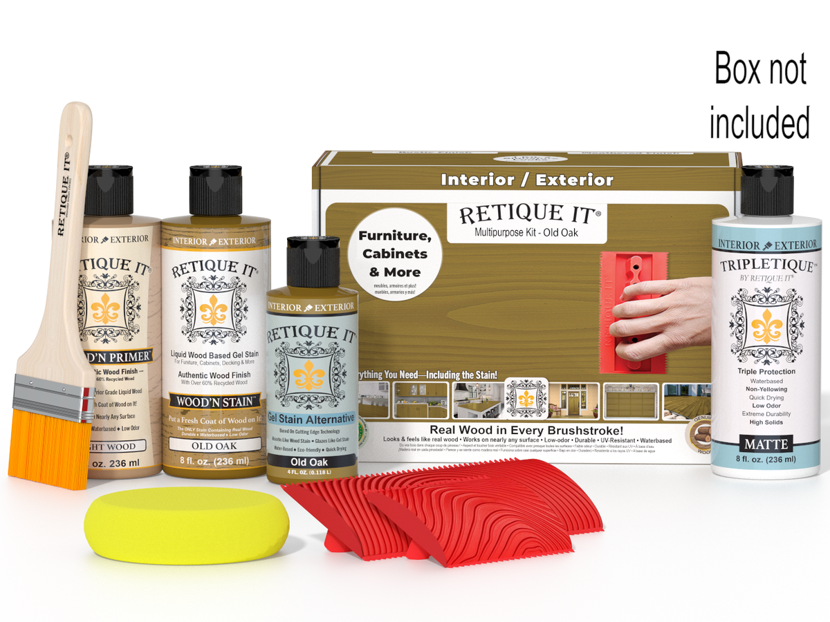 Retique It Wood'n Finish Kit in Old Oak for interior top coat, includes wood stain and finish components in a box.