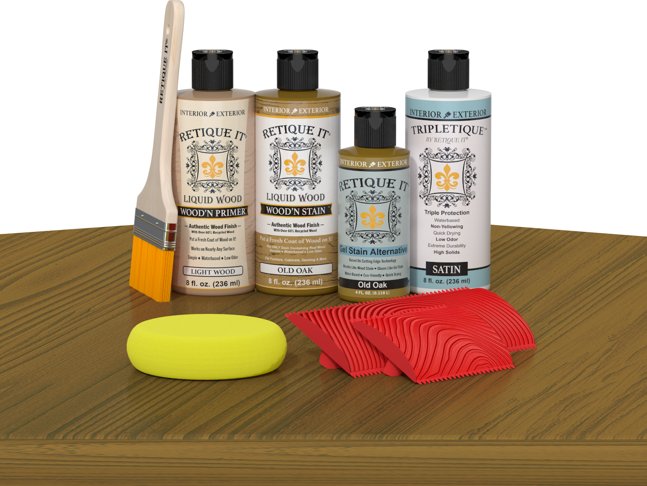 Retique It® Wood'n Finish Kit in Old Oak stain shown on a table, highlighting natural wood grain and finish application.