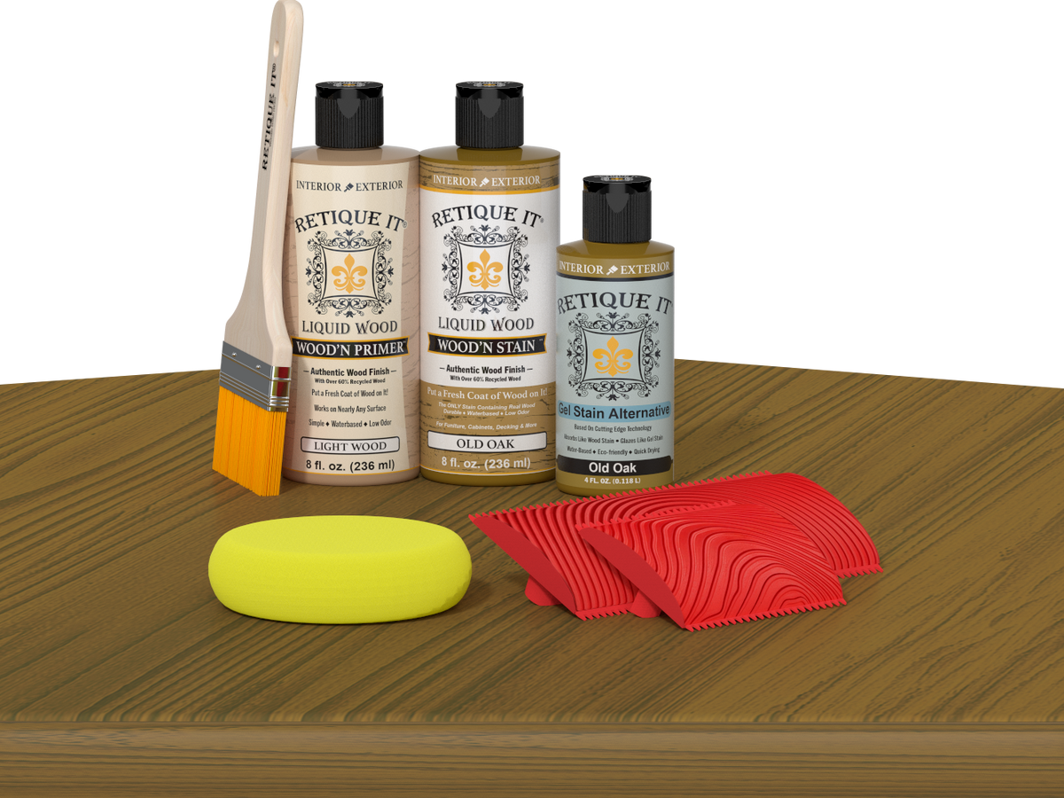 Retique It Wood'n Finish Kit in Old Oak, multi-purpose wood finishing kit displayed on a table with wood samples.
