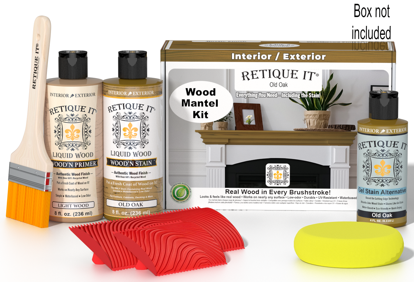 Retique It Fireplace Mantel Wood'n Finish Kit in Old Oak stain, featuring stain bottles and application tools for wood finishing.