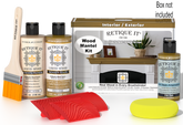 Retique It Fireplace Mantel Wood'n Finish Kit in Old Oak stain, featuring stain bottles and application tools for wood finishing.