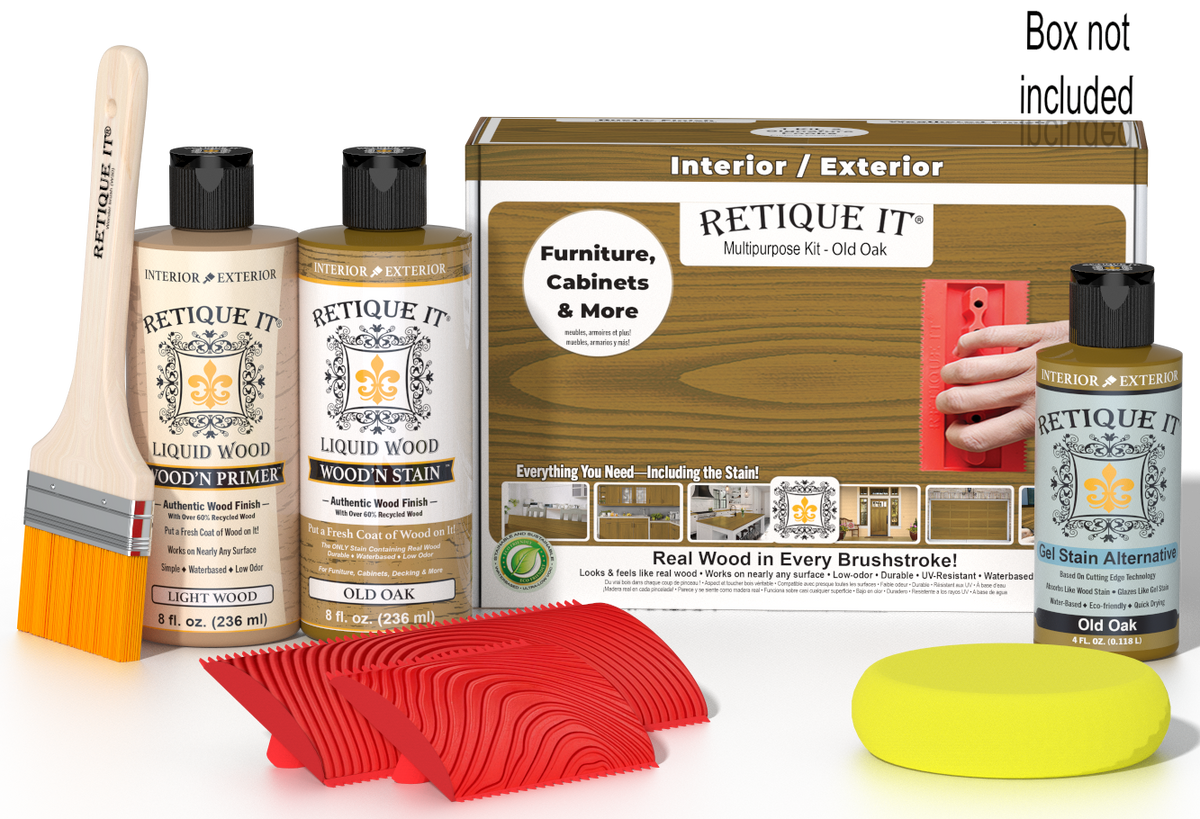 Retique It Wood'n Finish Kit in Old Oak, a versatile wood finishing set with brushes and tools for furniture restoration.