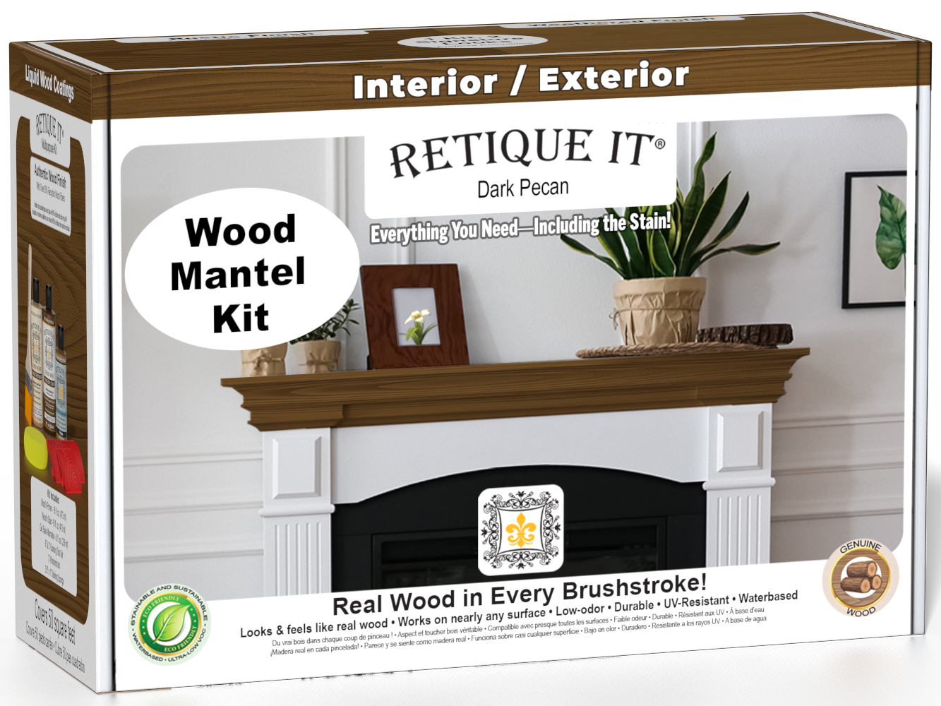 Retique It Fireplace Mantel Wood'n Finish Kit in Dark Pecan stain, featuring wood stain bottles and applicator tools for finishing mantels.