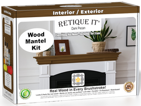 Retique It Fireplace Mantel Wood'n Finish Kit in Dark Pecan stain, featuring wood stain bottles and applicator tools for finishing mantels.