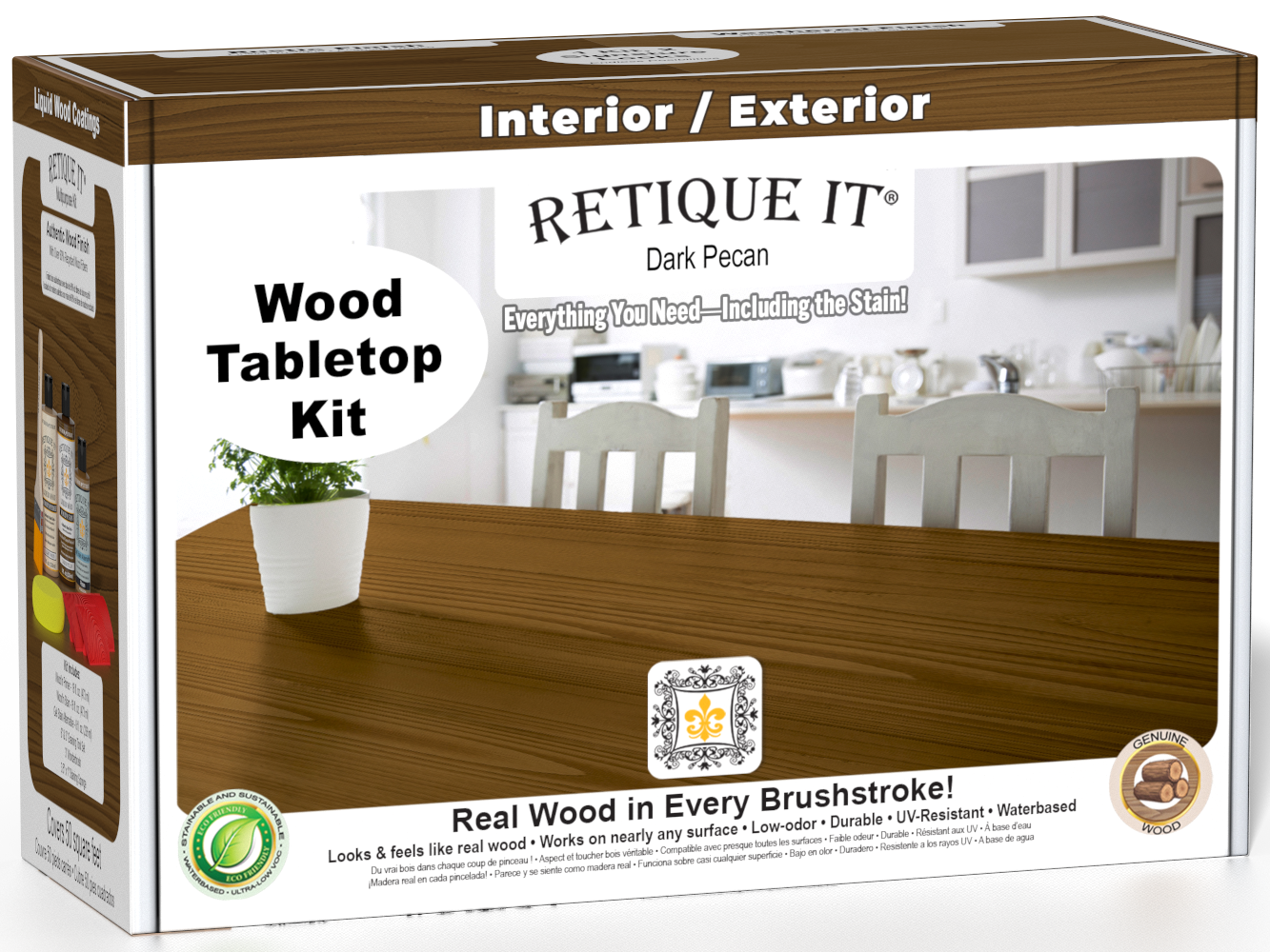 Retique It® Wood'n Finish Kit in Dark Pecan stain for wood furniture, featuring a box of stain bottles and application tools.