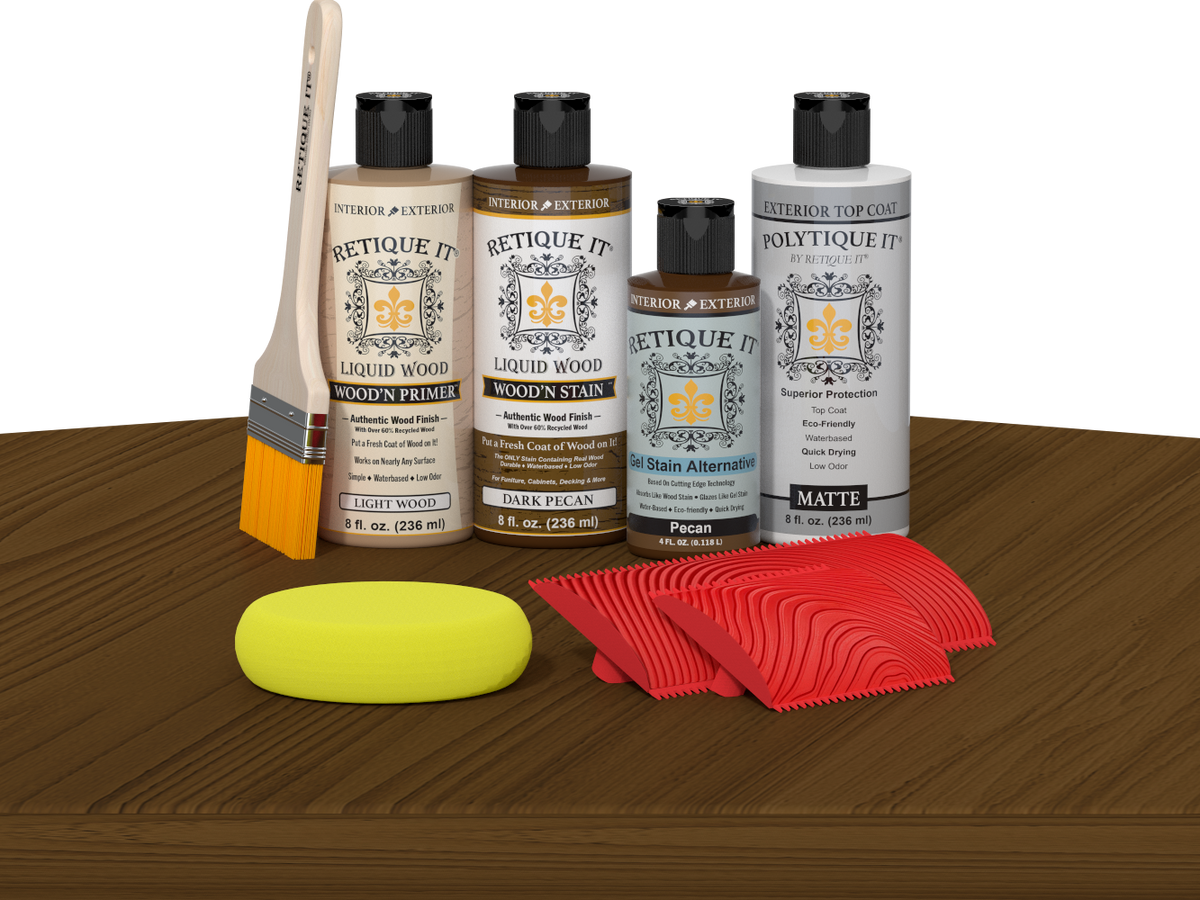 Retique It Wood'n Finish Kit in Dark Pecan, exterior top coat, displayed on table with wood sample for multi-purpose wood finishing.