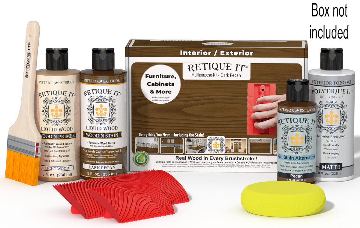 Retique It Wood'n Kit in Dark Pecan with exterior top coat, includes application tools and finish for wood projects.