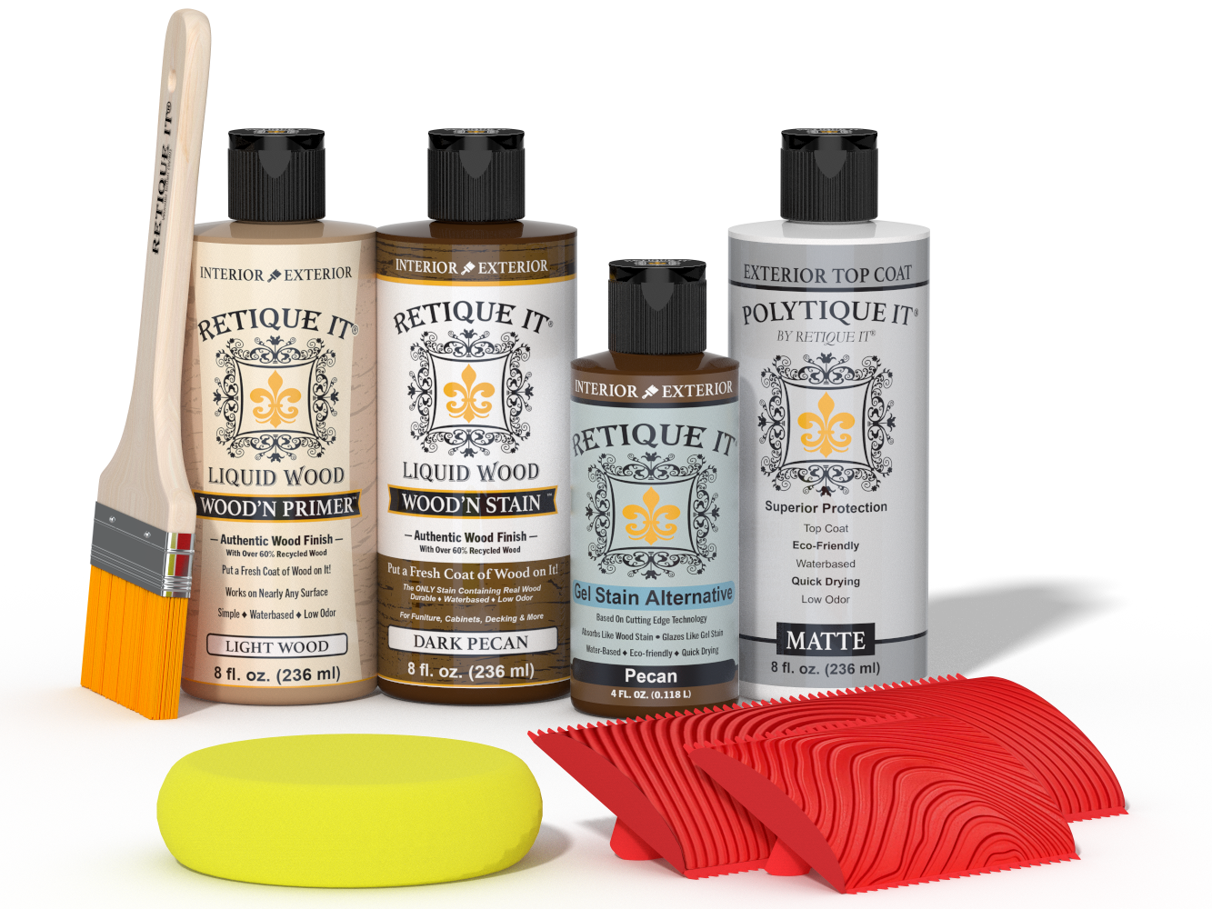 Retique ItÂ® Wood'n Finish Kit in Dark Pecan with exterior top coat, featuring wood stain and finish products on a kit palette.