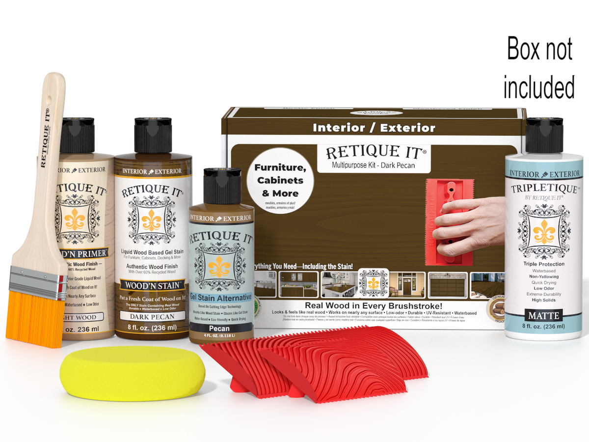 Retique It Wood'n Finish Kit in Dark Pecan for interior wood projects, includes top coat and application tools in a boxed set.
