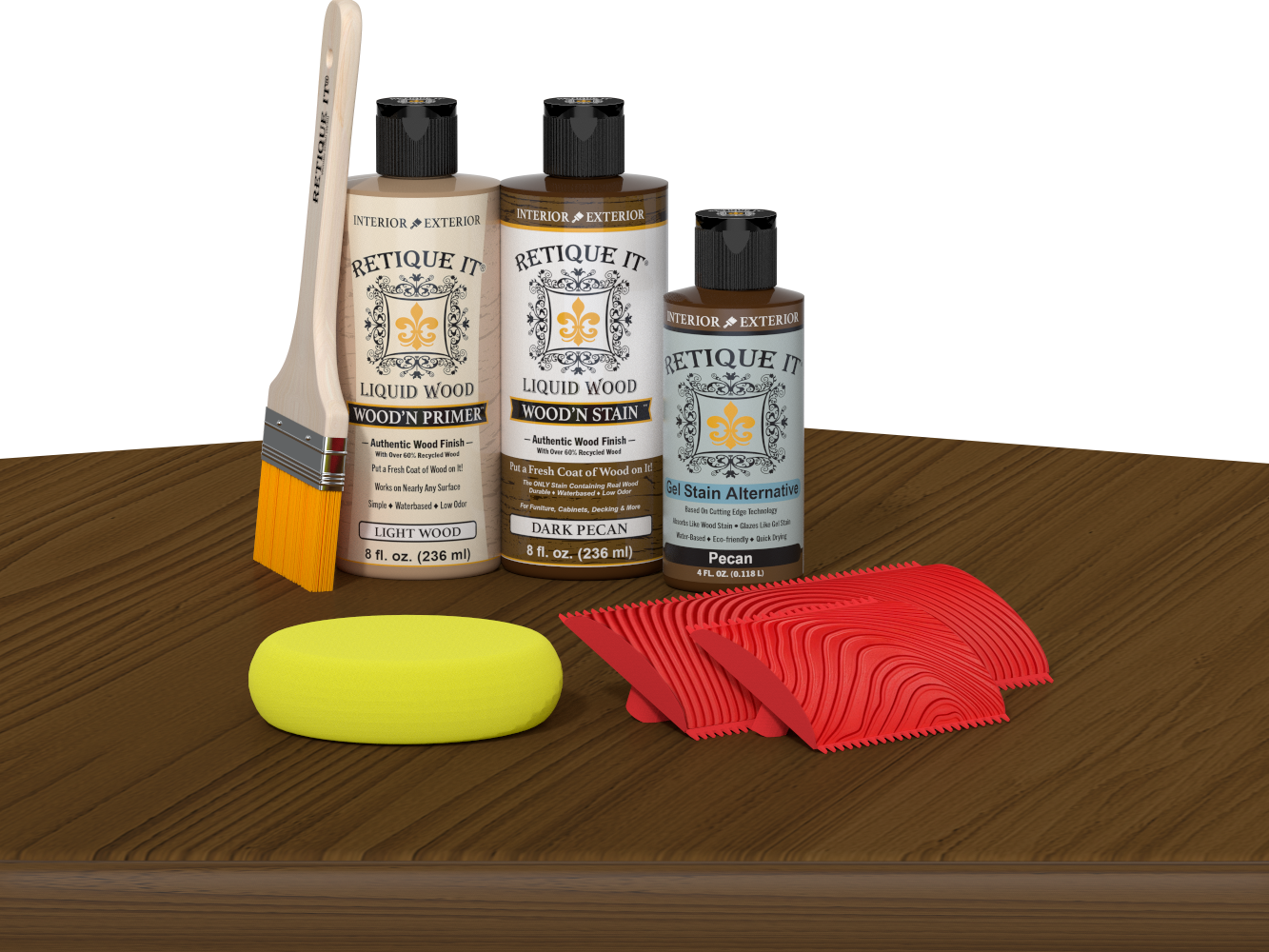 Multi-purpose Wood'n Kit in Dark Pecan by Retique It®, featuring wood finish products on a table surface.