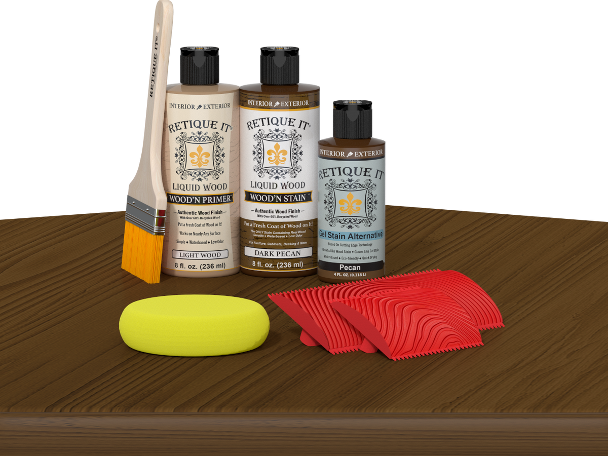 Retique It® Fireplace Mantel Wood'n Finish Kit in Dark Pecan stain, showing the wood stain application on a mantel surface.