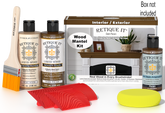 Retique It Fireplace Mantel Wood'n Finish Kit in Dark Pecan stain, shown with stain bottle and applicator on a wooden mantel.