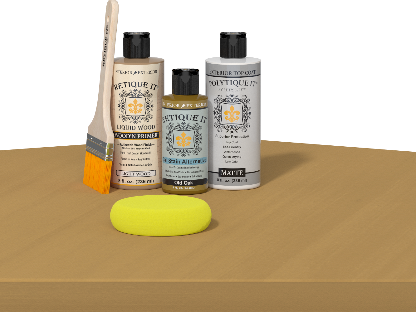 Retique It refinishing kit with Light Wood primer, Old Oak gel stain alternative, matte Polytique It topcoat, a brush and yellow sponge.