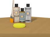Retique It refinishing kit with Light Wood primer, Old Oak gel stain alternative, matte Polytique It topcoat, a brush and yellow sponge.