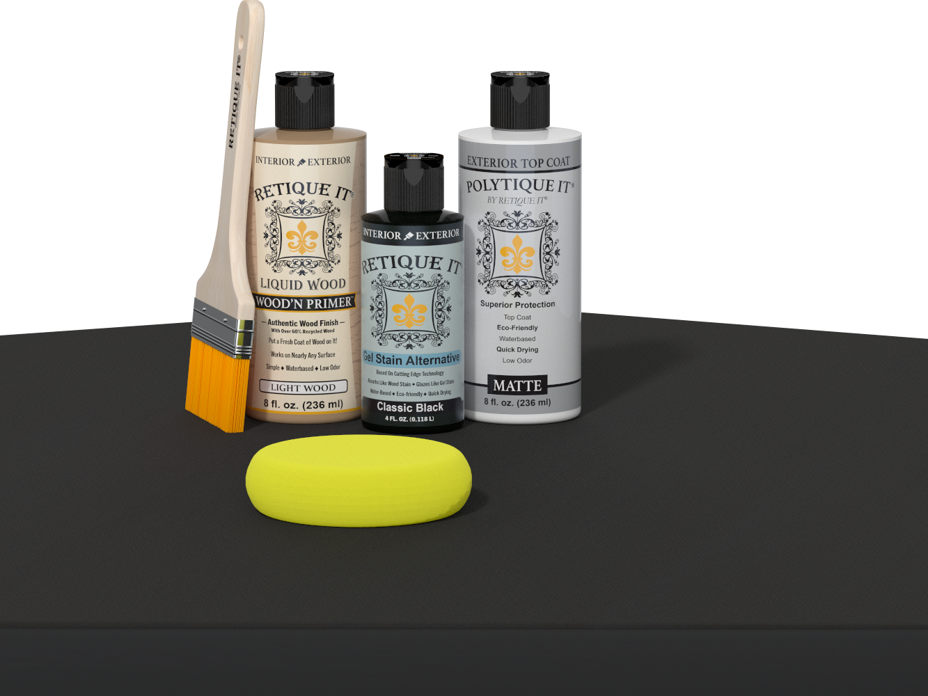 Retique It refinishing kit with Light Wood primer, Classic Black gel stain alternative, matte Polytique It topcoat, a brush and yellow sponge.