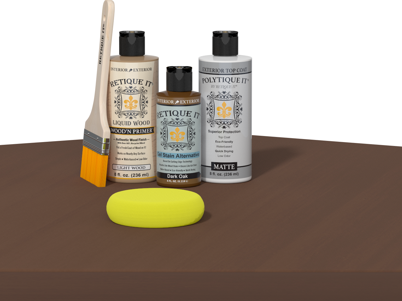 Retique It refinishing kit with Light Wood primer, Dark Oak gel stain alternative, matte Polytique It topcoat, a brush and yellow sponge.