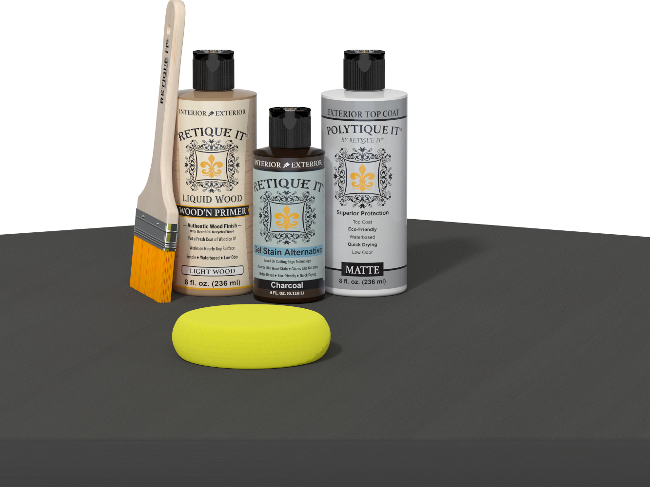 Retique It refinishing kit with Light Wood primer, Charcoal gel stain alternative, matte Polytique It topcoat, a brush and yellow sponge.