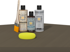 Retique It refinishing kit with Light Wood primer, Black Walnut gel stain alternative, matte Polytique It topcoat, a brush and yellow sponge.